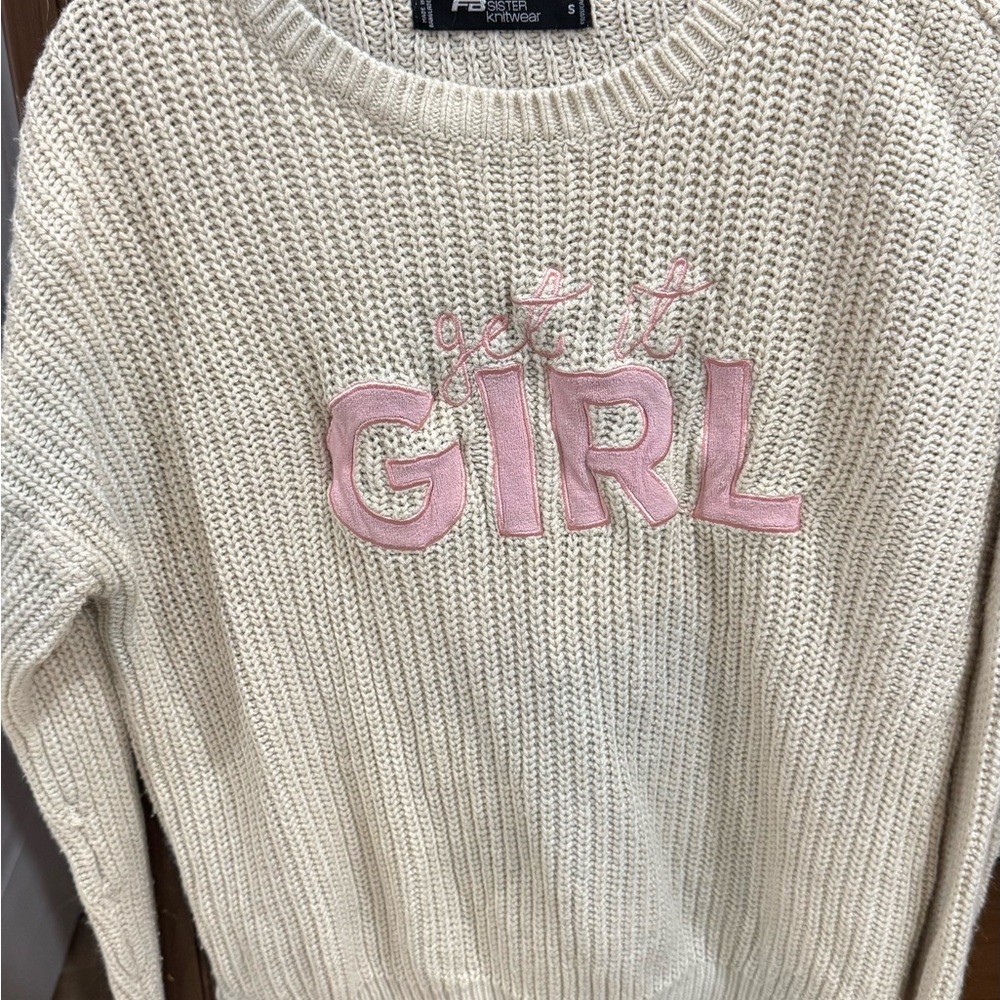 F&F Cream and Pink Crew Neck Sweater with Ribbed Texture